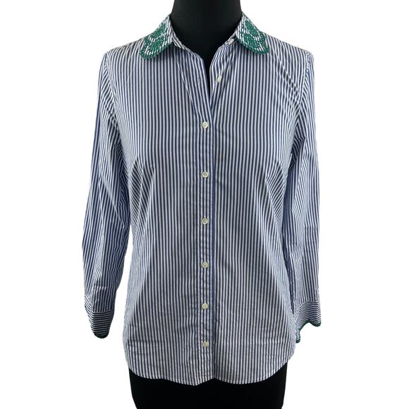 J.Crew Perfect Eyelet Trim Stripe Shirt Blue White Embroidered Button Down Sz 2 - Picture 1 of 10